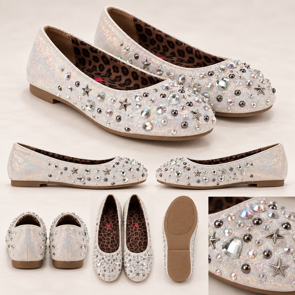 Steve Madden Blair Girls Size 4 Silver Rhinestone Star Ballet Flats NWT Dressy
